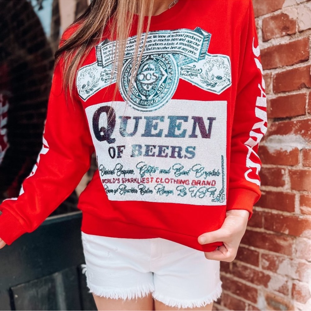 Queen Of Sparkles Womens Crewneck Red‎ Graphic Sweatshirt Queen Of Beer Sz Xs